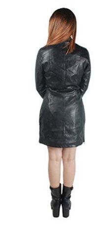 Womens Lambskin Black Leather Long Biker Jacket 03