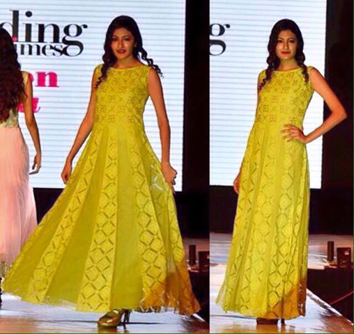 panelled full  length partywear limegreen evening gown with zari handwork
