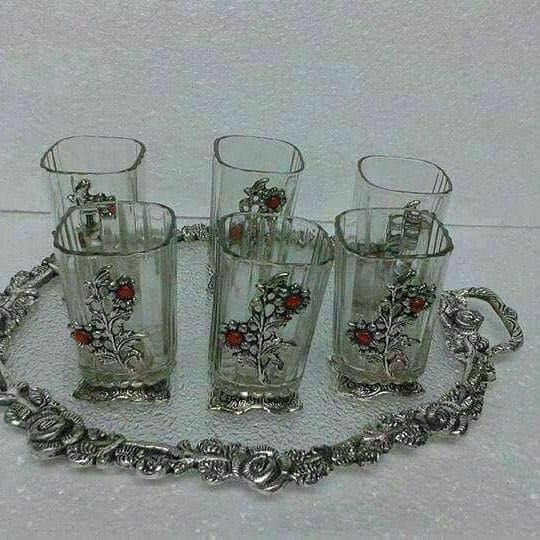 Silver Work Round Tray Glass Set