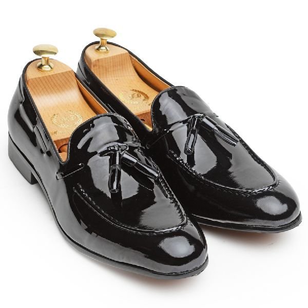 Pure Leather Tassel Patent Black Slip Ons 01