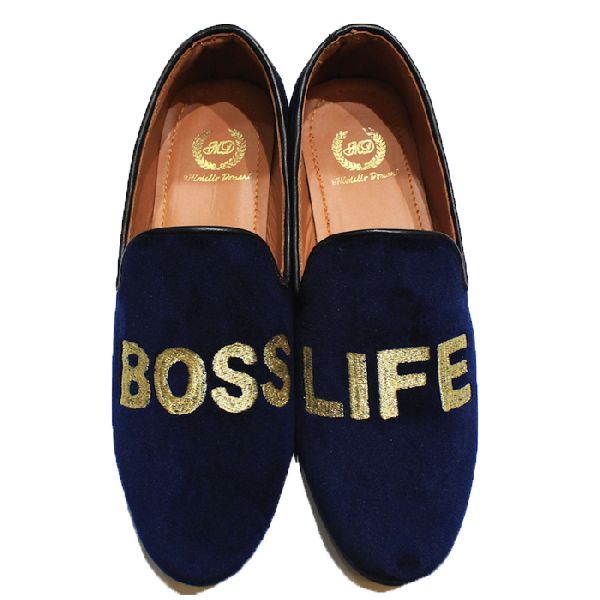 Faux Leather Golden Thread Navy Slip Ons 01