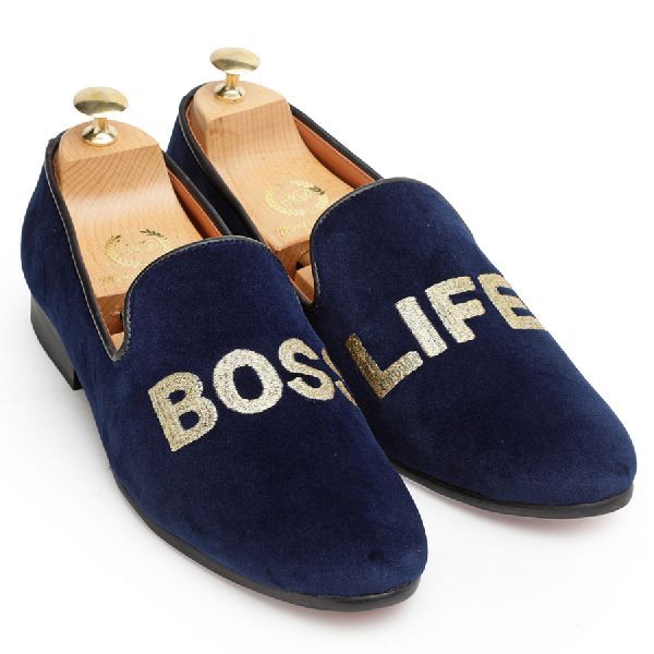 Faux Leather Golden Thread Navy Slip Ons 02