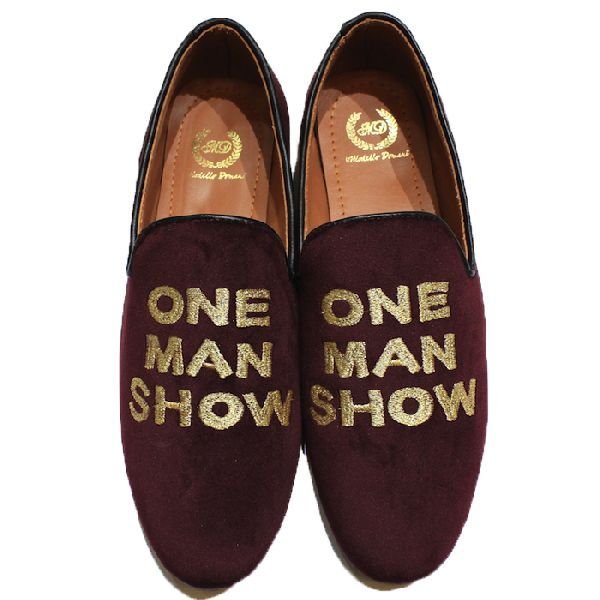 Faux Leather Golden Thread Wine Slip Ons 01