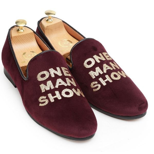 Faux Leather Golden Thread Wine Slip Ons 02
