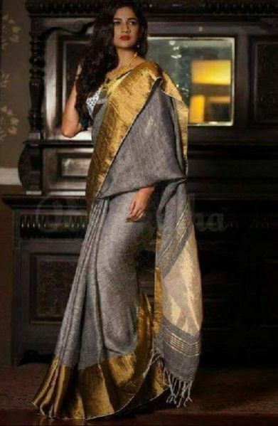Linen Saree with Golden Zari Border 04