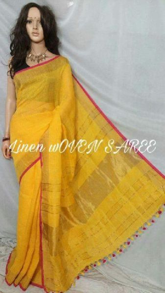Linen Saree with Golden Zari Border 07