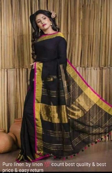 Linen Saree with Golden Zari Border 08