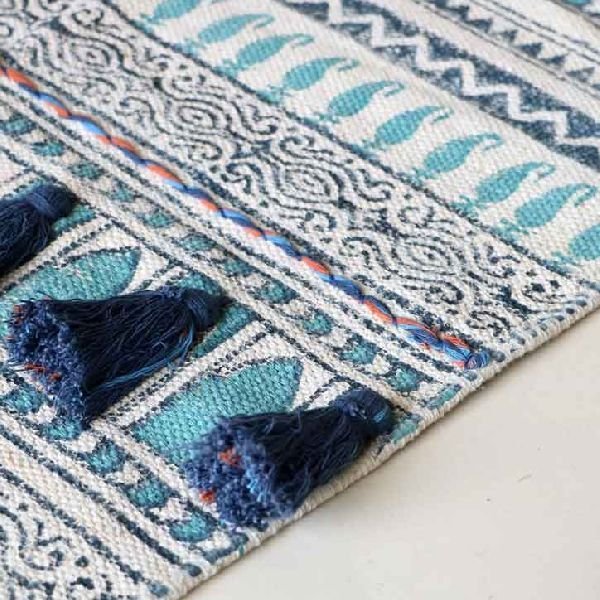 Colour Spree Aqua Hand Printed Tassel Cotton Rug 01