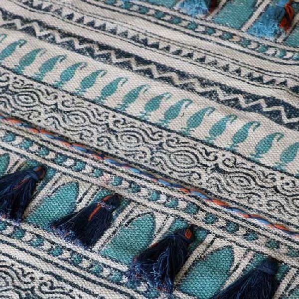 Colour Spree Aqua Hand Printed Tassel Cotton Rug 02
