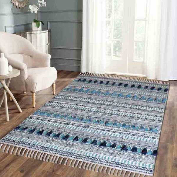 Colour Spree Aqua Hand Printed Tassel Cotton Rug 03