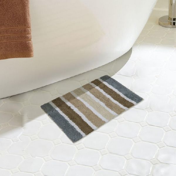 Cotton Grey & Beige Striped Bath Mat 01