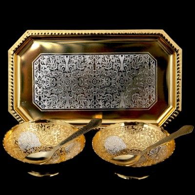 2+1 Gold and Silver Plated Bowl and Spoon Set 01