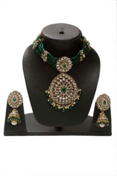Kundan Green Pearls Choker with Jhumkis