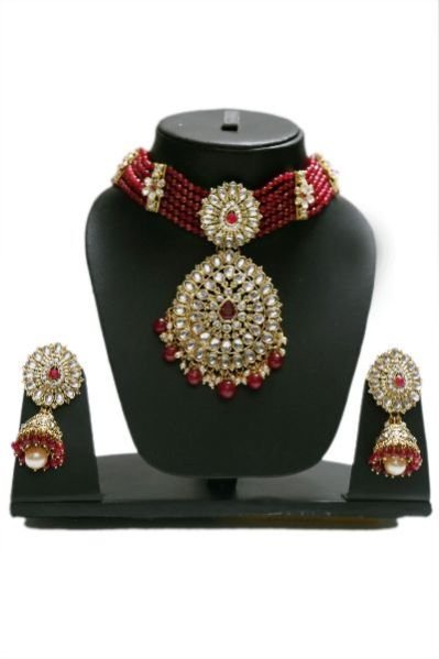 Kundan Red Pearl Choker Necklace Set