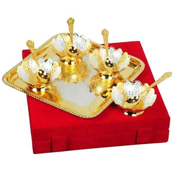 Attractive Design Brass Two Pair Bowl & Tray With Spoon