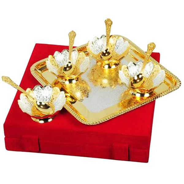 Attractive Design Brass Two Pair Bowl & Tray With Spoon