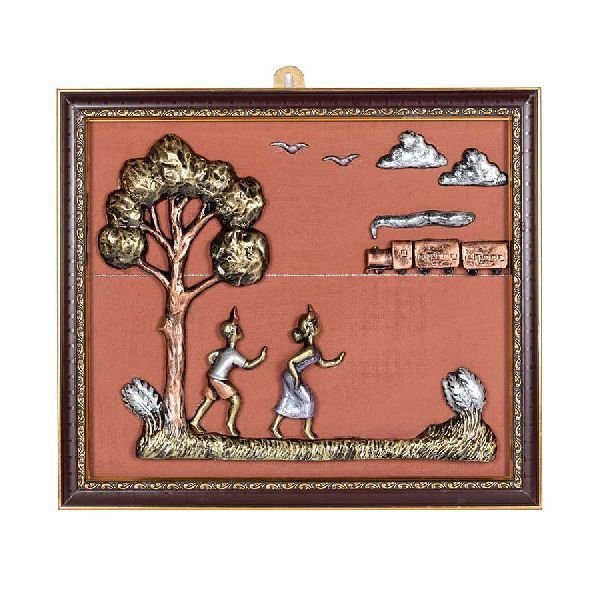 Amazing Terracotta Work Showing Two Child Running Closer To Train
