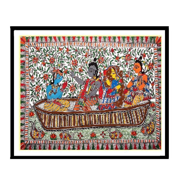 Captivating Madhubani Painting Of Ram, Sita And Lakshman Crossing River Sarju