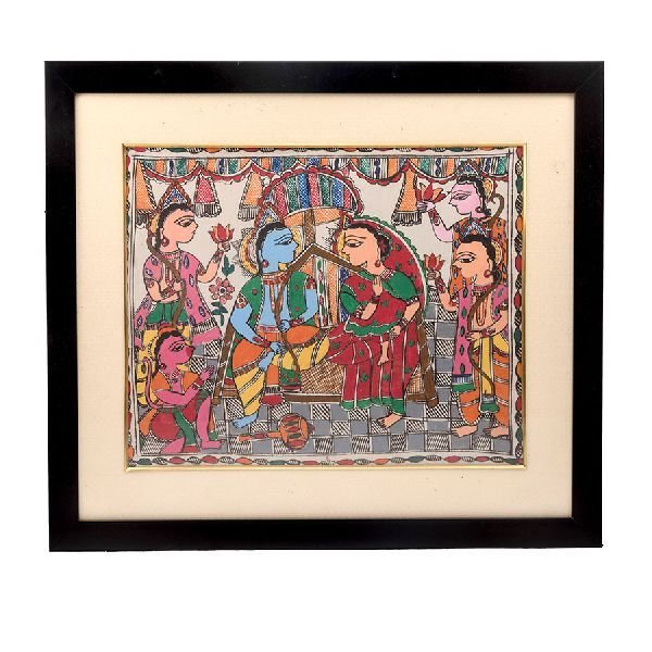 Fabulous Madhubani Painting Of Shree Ram & Sita With Hanuman Ji