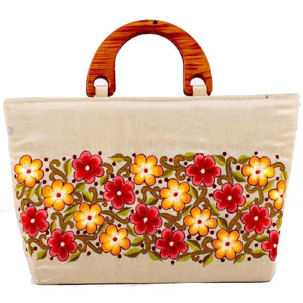 Beautifully Embroidered Cream Colour Tote Bag with Flower Design
