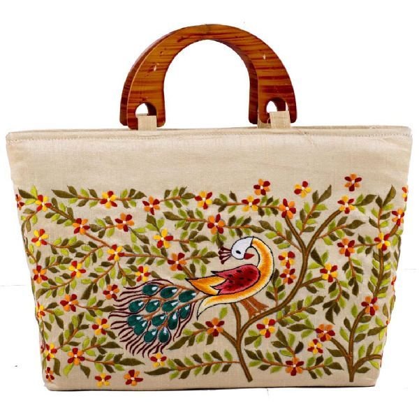 Stunning Cream Colour Peacock Design Embroidery Tote Bag
