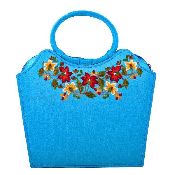 Impressive Sky Blue Coloured Embroidery Shopping Bag