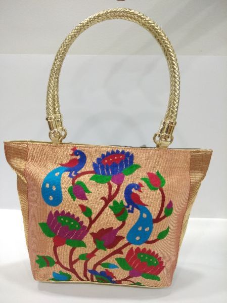 Semi Paithani Big Golden Handbag Black
