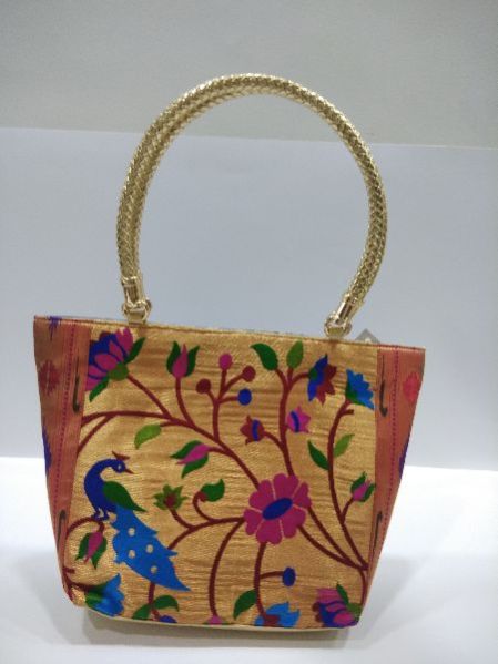 Semi Paithani Big Golden Handbag Blue