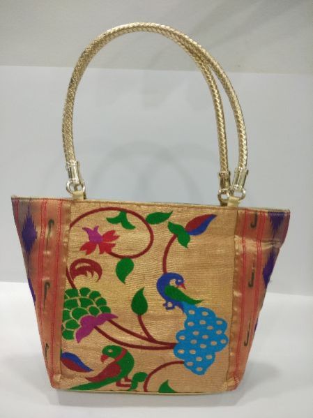 Semi Paithani Big Golden Handbag Green