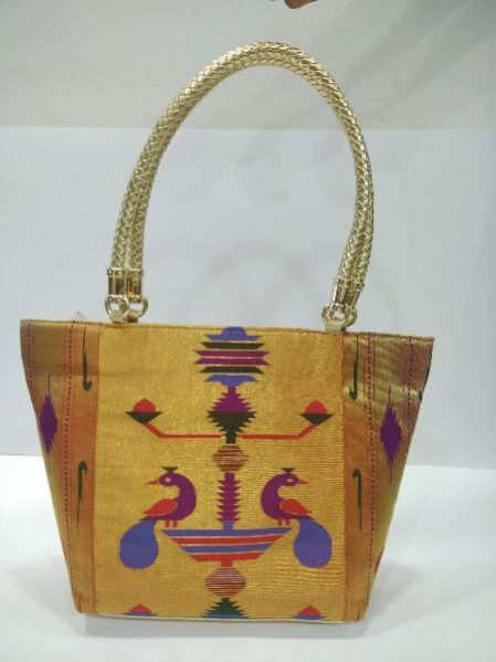 Semi Paithani Big Golden Handbag Orange