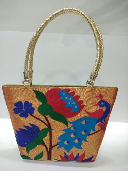 Semi Paithani Big Golden Handbag Parrot Green