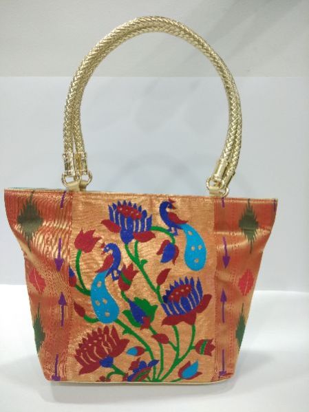 Semi Paithani Big Golden Handbag Peacock Green