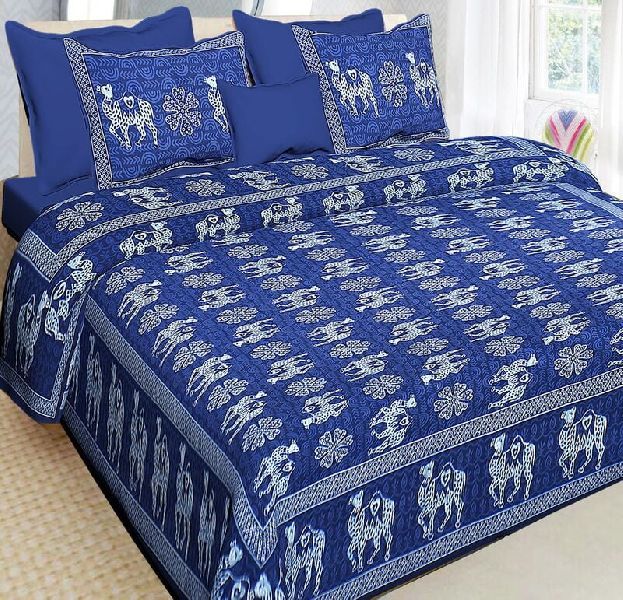 Blue Base Camel Floral Pattren Cotton Double Bedsheet
