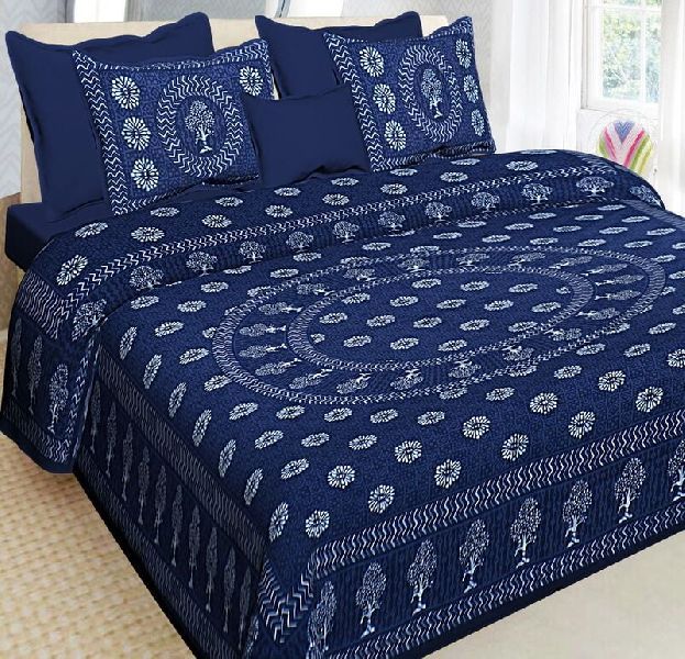 Blue Base Circular Floral Pattren Cotton Double Bedsheet