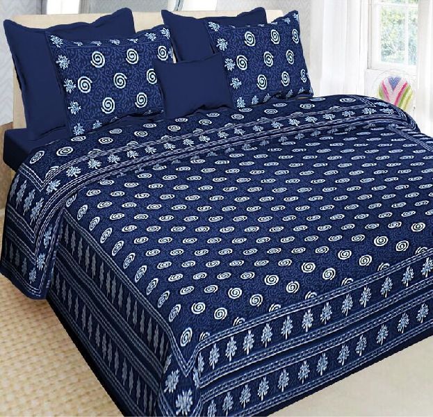 Blue Base Floral Print Cotton Double Bedsheet