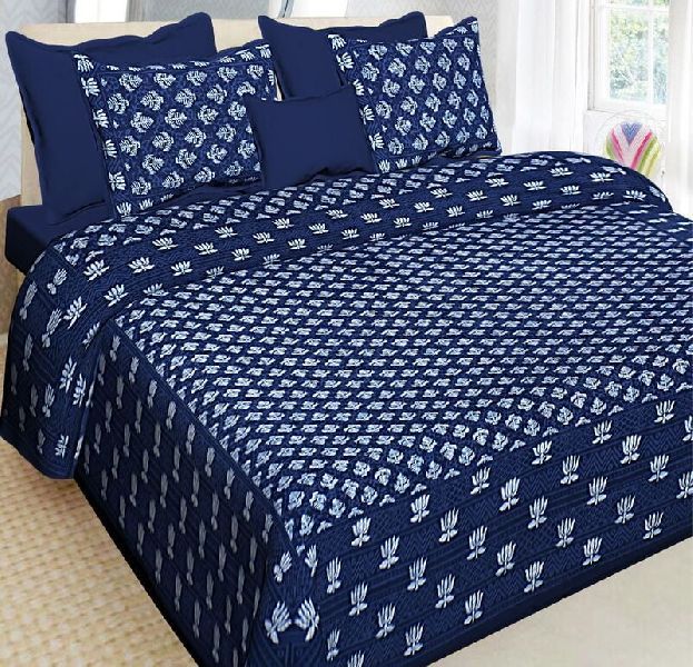 Blue Base Floral Print Lotus Border Cotton Double Bedsheet