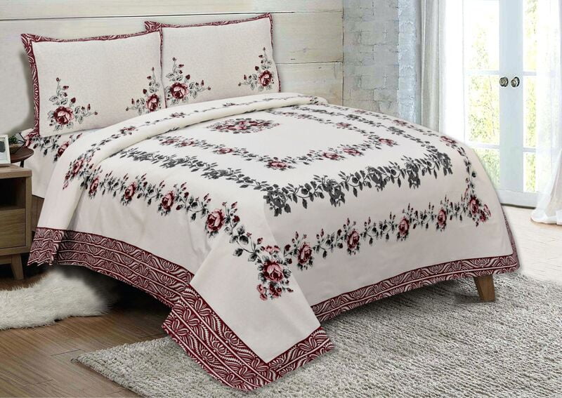 Bouquet With Leafy Brown Lining Border Double Bedsheet