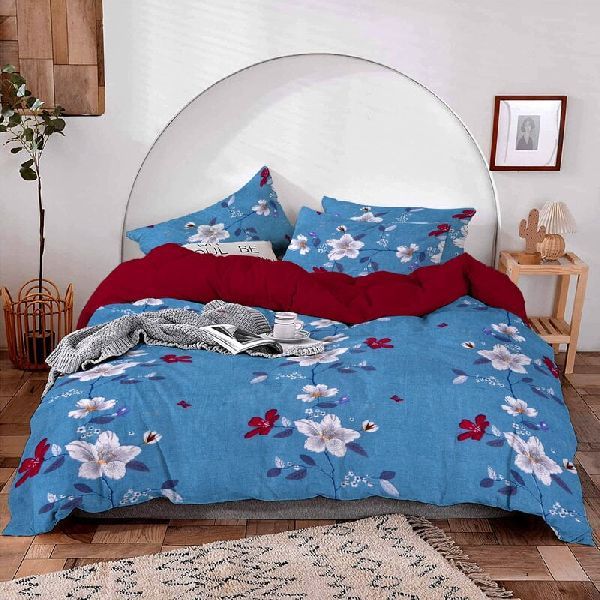 Glace Cotton Blue Base Floral Print Double Bedsheet with 2 Pillow Cover