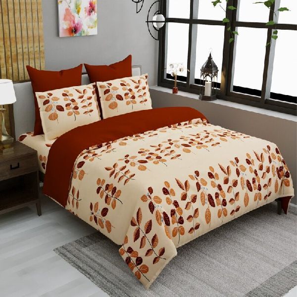 Glace Cotton Cream Base Leaf Print Double Bedsheet with 2 Pillow Cover