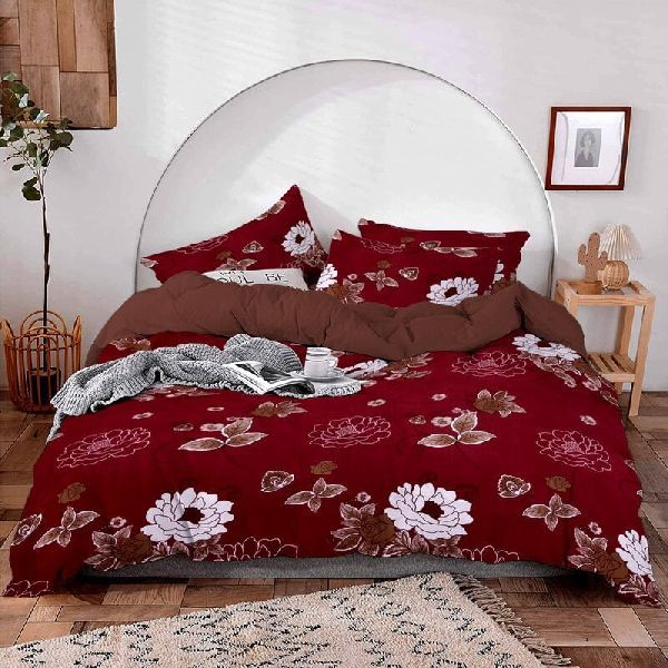Glace Cotton Maroon Base Floral Print Double Bedsheet with 2 Pillow Cover