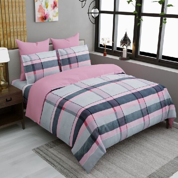 Glace Cotton Pink Base Check Print Double Bedsheet with 2 Pillow Cover