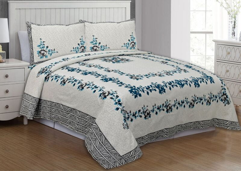 Green Square Bouquet With Fine Grey Border Double Bedsheet