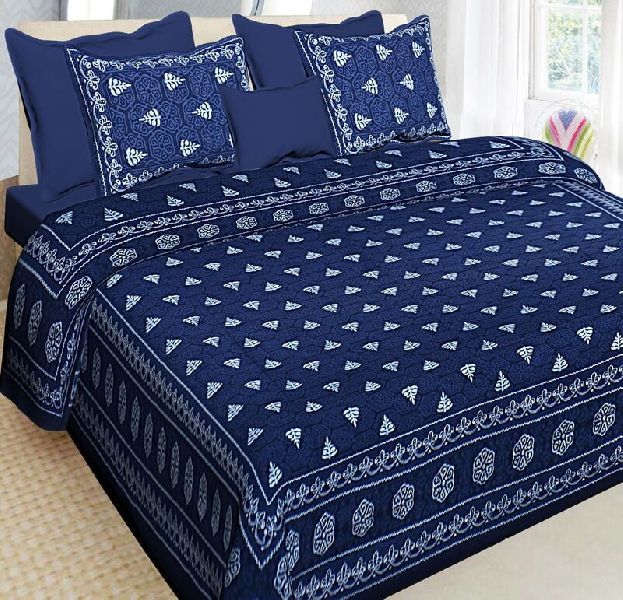 Royal Blue Floral Print Cotton Double Bedsheet