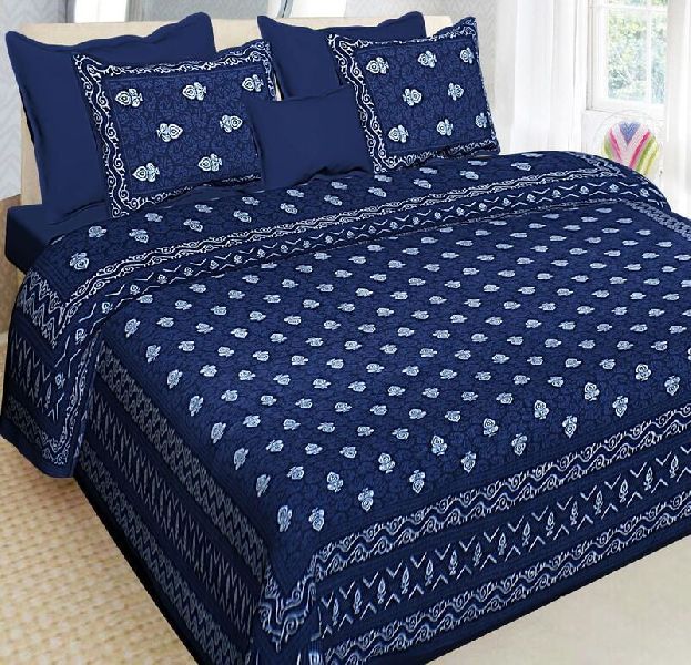 Royal Blue Floral Print Zikzak Border Cotton Double Bedsheet