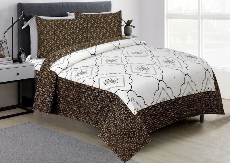Square Floral Booti With Brown Floral Border Cotton Double Bedsheet