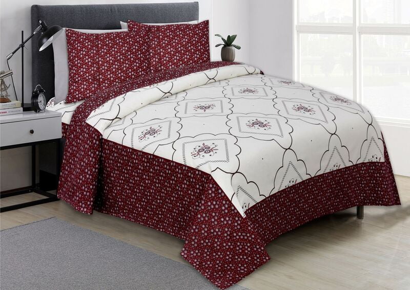 White Base Floral Chakri Print Maroon Fine Border Double Bedsheet