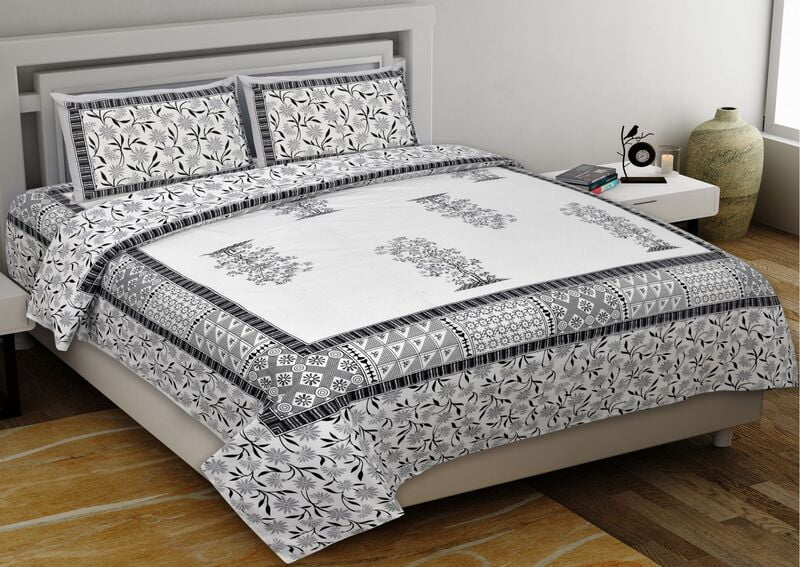 White Base Floral Print Black Fine Border Double Bedsheet