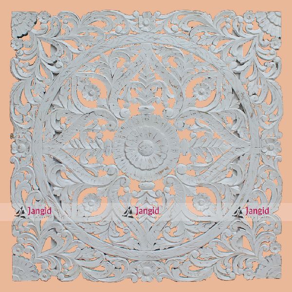 Wooden White Washed Carved Wall Panel