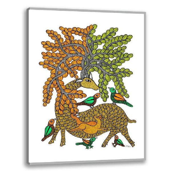 Deer and Birds | Gond Painting