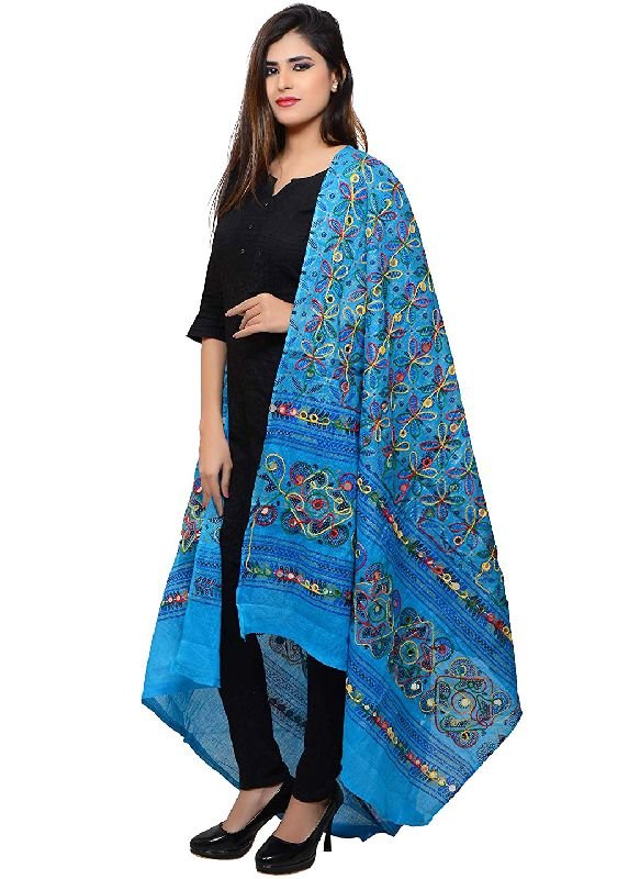TS0271 Sky Blue Embroidered Flower Pattern Dupatta